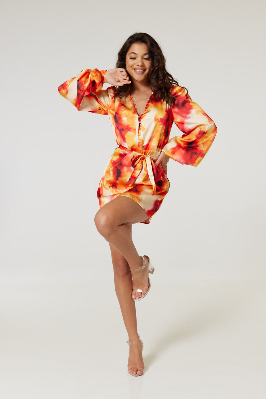 Jasmine Short Satin Dress in Orange Print