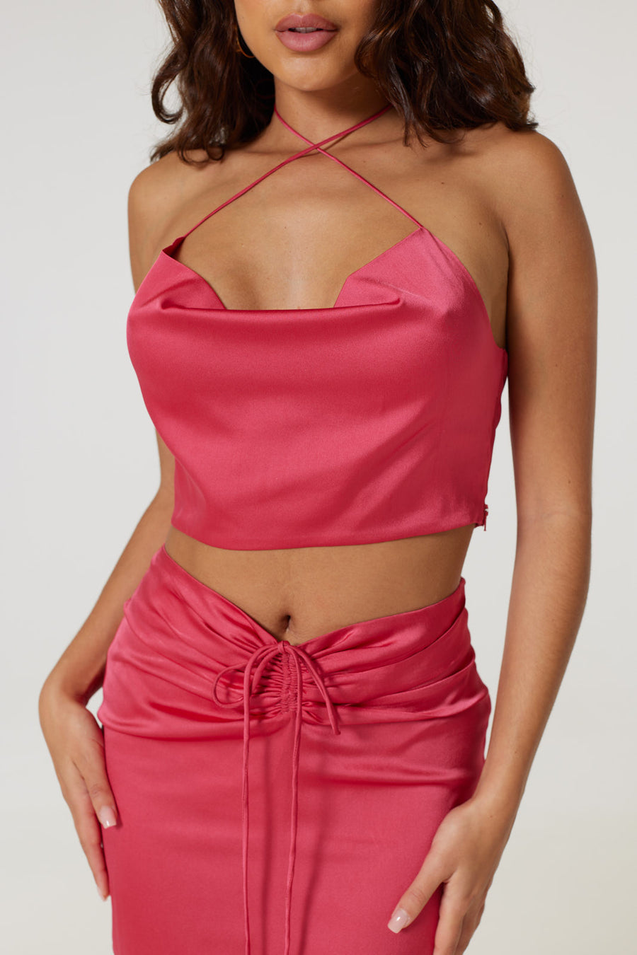 Lili Cowl Neck Blouse in Satin-Hot Pink