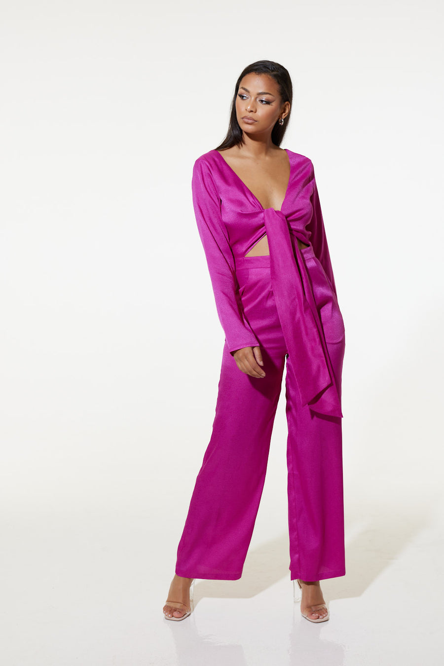 Alma Bow Tie Pink Jumpsuit in Recycled Snake Jacquard