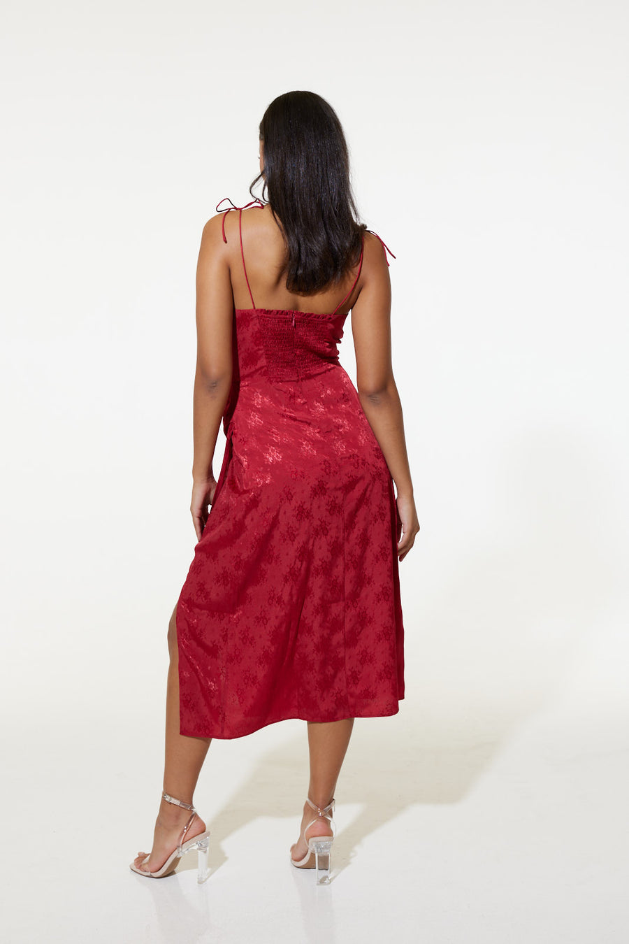 Elena Dress in Recycled Red Rose Jacquard