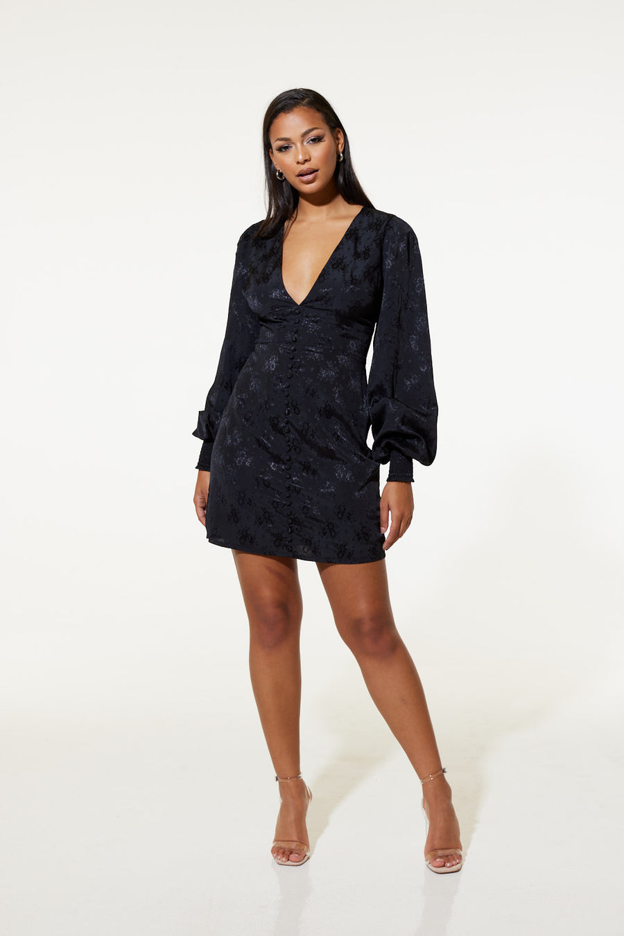 Noha Short Dress in Recycled Black Rose Jacquard
