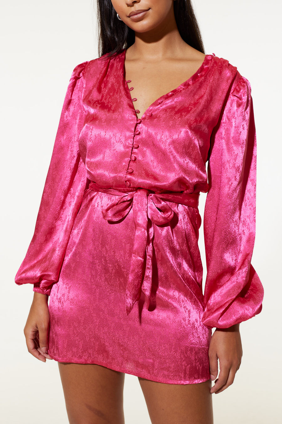Jasmine Short Shirt Recycled Satin Dress in Hot Pink