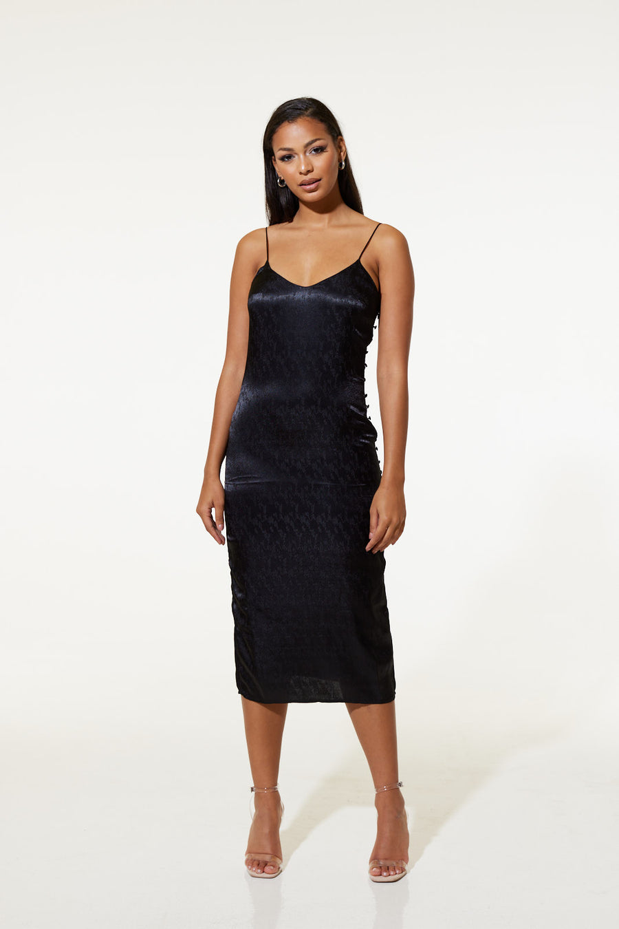 Yasmina Slip Dress in Recycled Polyester Jacquard Black