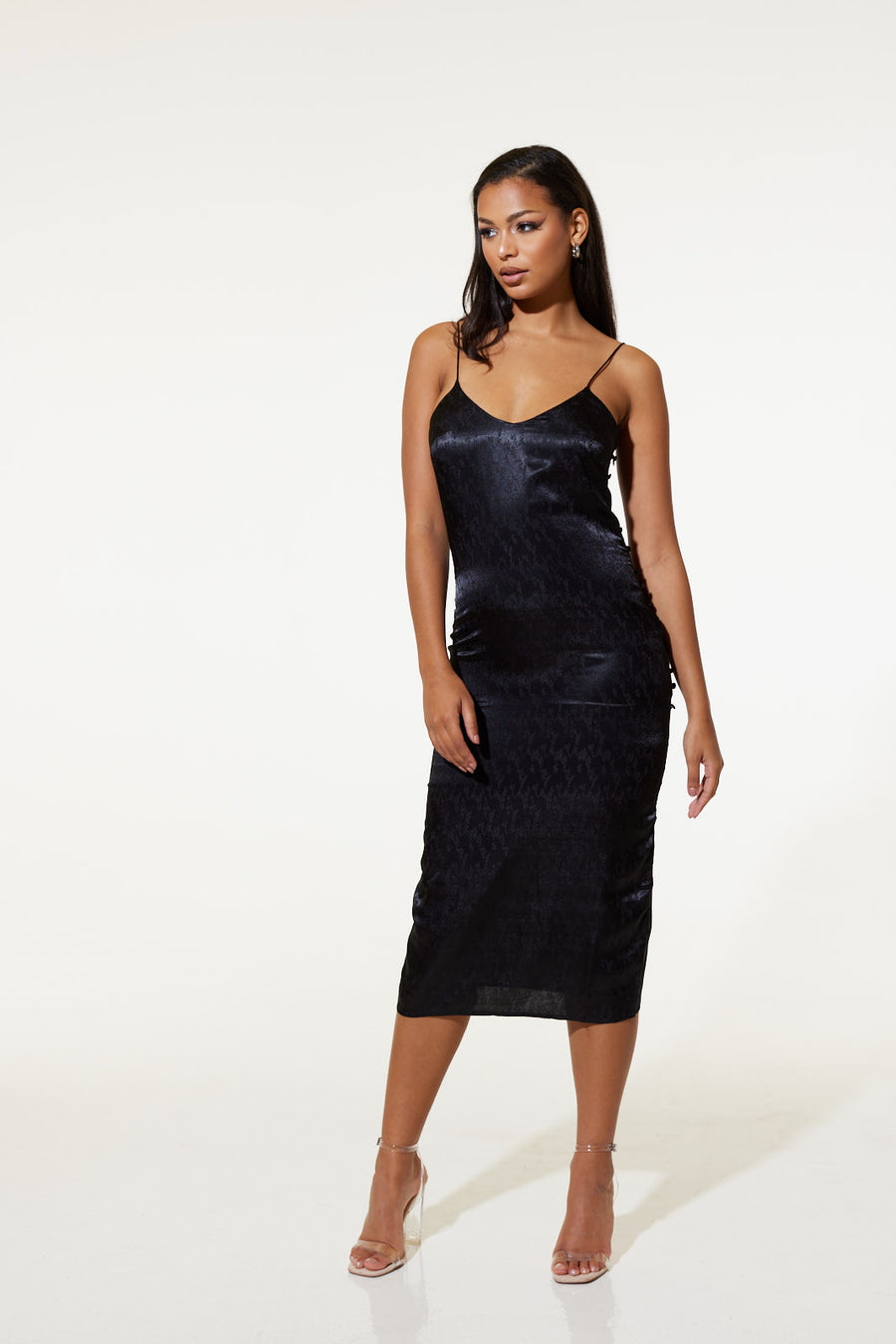 Yasmina Slip Dress in Recycled Polyester Jacquard Black